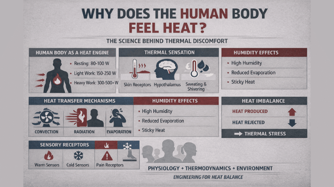 Human perception of heat is not governed by air temperature alone. It is the result of a complex interaction between human physiology, heat transfer mechanisms, neuro-sensory signaling, and environmental boundary conditions.