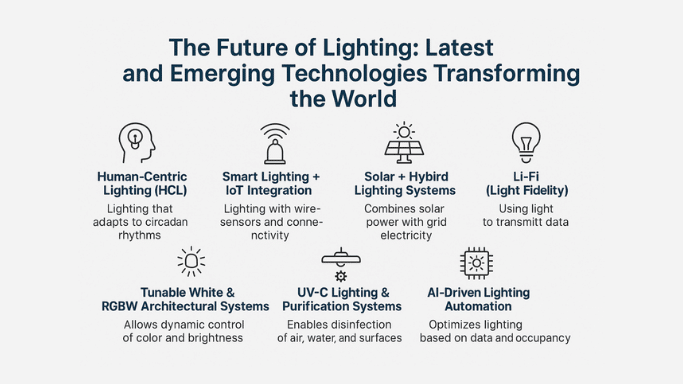 Infographic showing the latest and emerging lighting technologies including Human-Centric Lighting, IoT smart lighting, solar hybrid systems, Li-Fi, UV-C purification, tunable RGBW lighting and AI-driven automation.