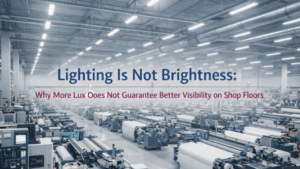Industrial lighting on a factory shop floor showing high lux levels but uneven visibility due to glare and uniform illumination challenges