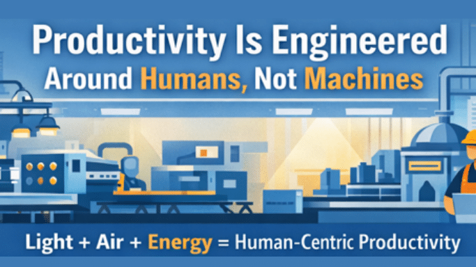 Shop floor showing light air energy integration improving worker productivity and reducing fatigue